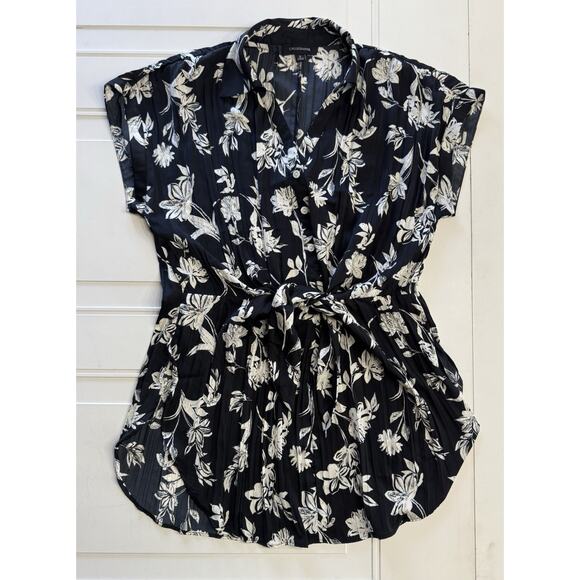 Calligraphie Tops - Calligraphie Black Floral Short Sleeve Tie Front Tunic Blouse Size Small S